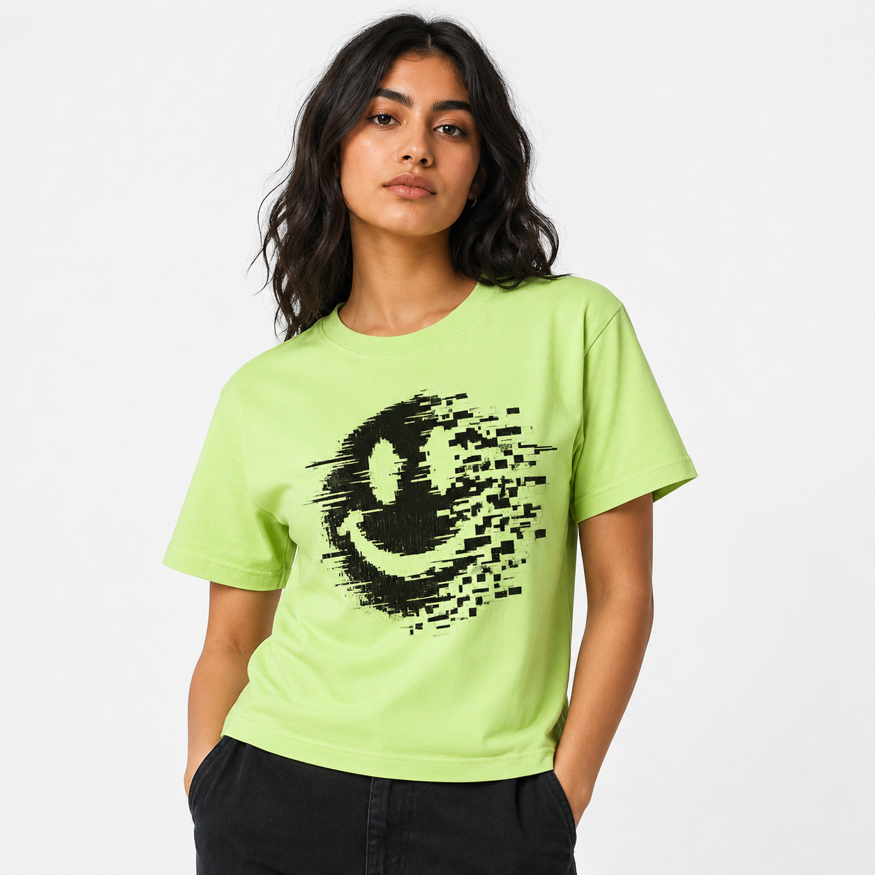 Glitch Smile Graphic Lime Green T-Shirt