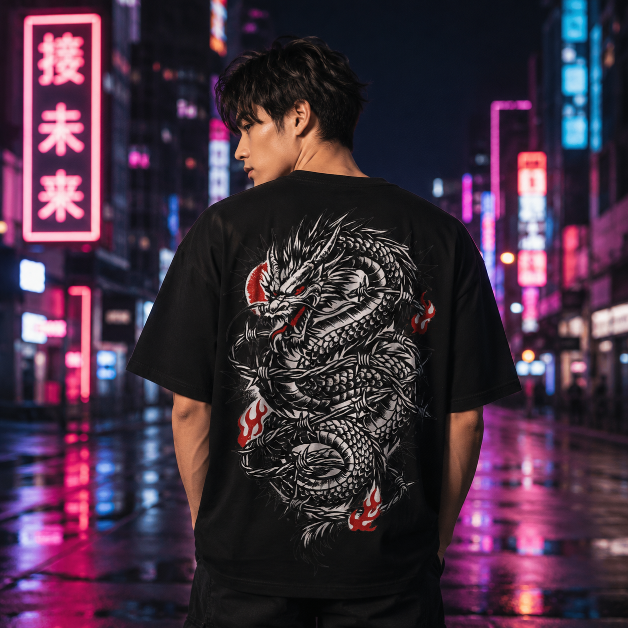 Japanese Dragon Graphic Oversized Black T-Shirt
