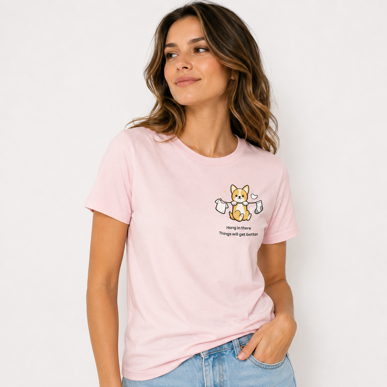 Hang In There Cute Puppy Graphic T-Shirt for Women | Baby Pink Casual Tee