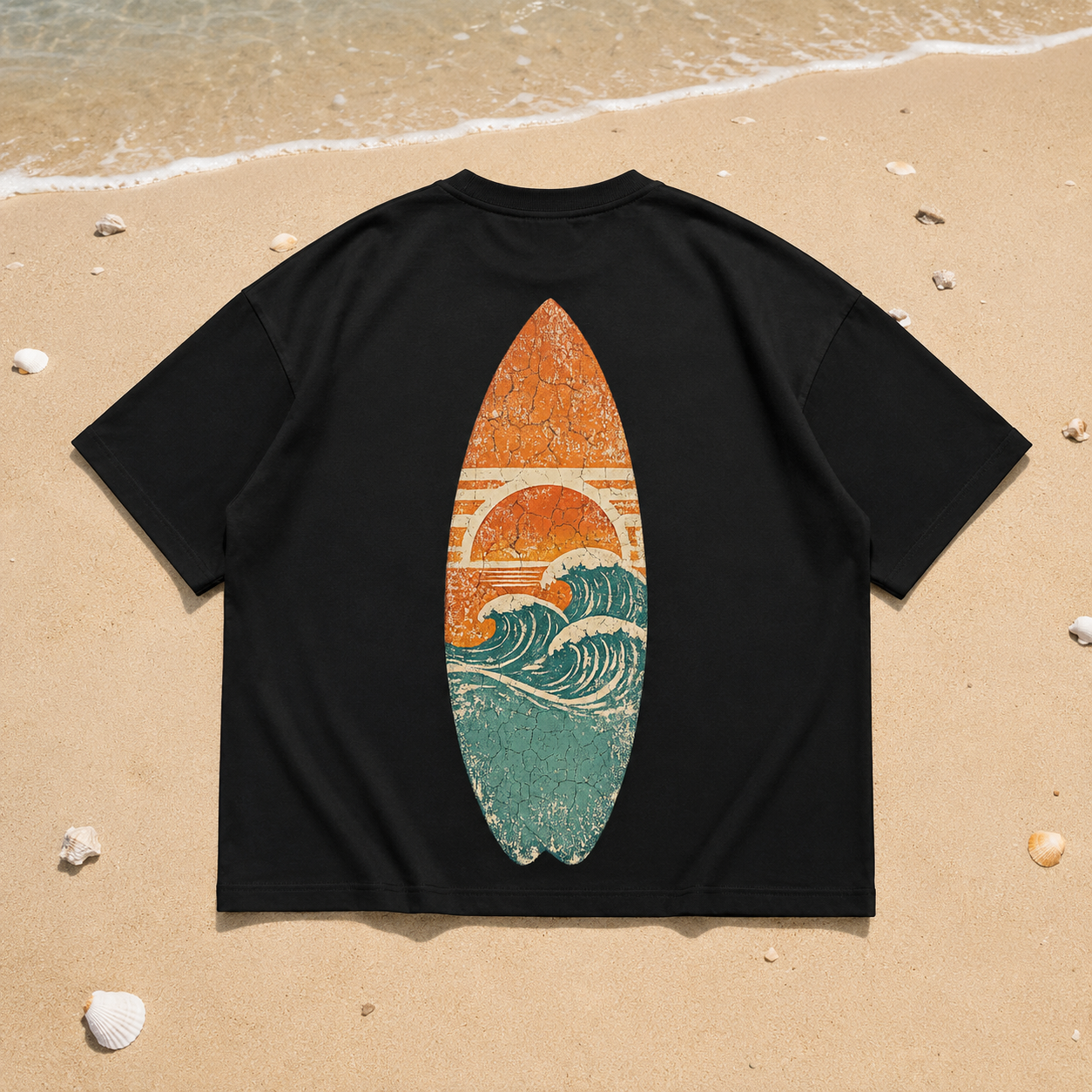 Vintage Surfboard Graphic Oversized Black T-Shirt
