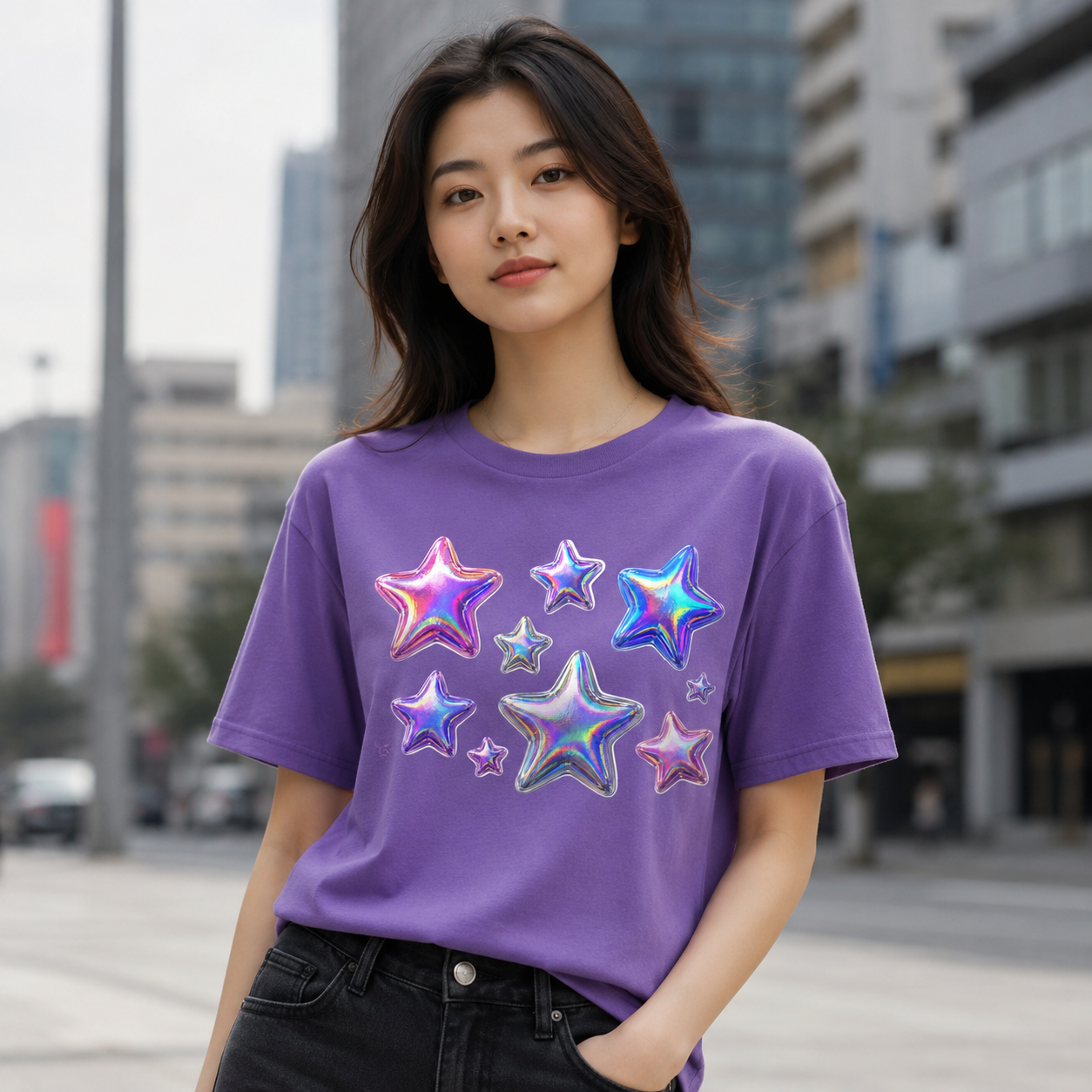 Holographic Stars Graphic Purple T-Shirt