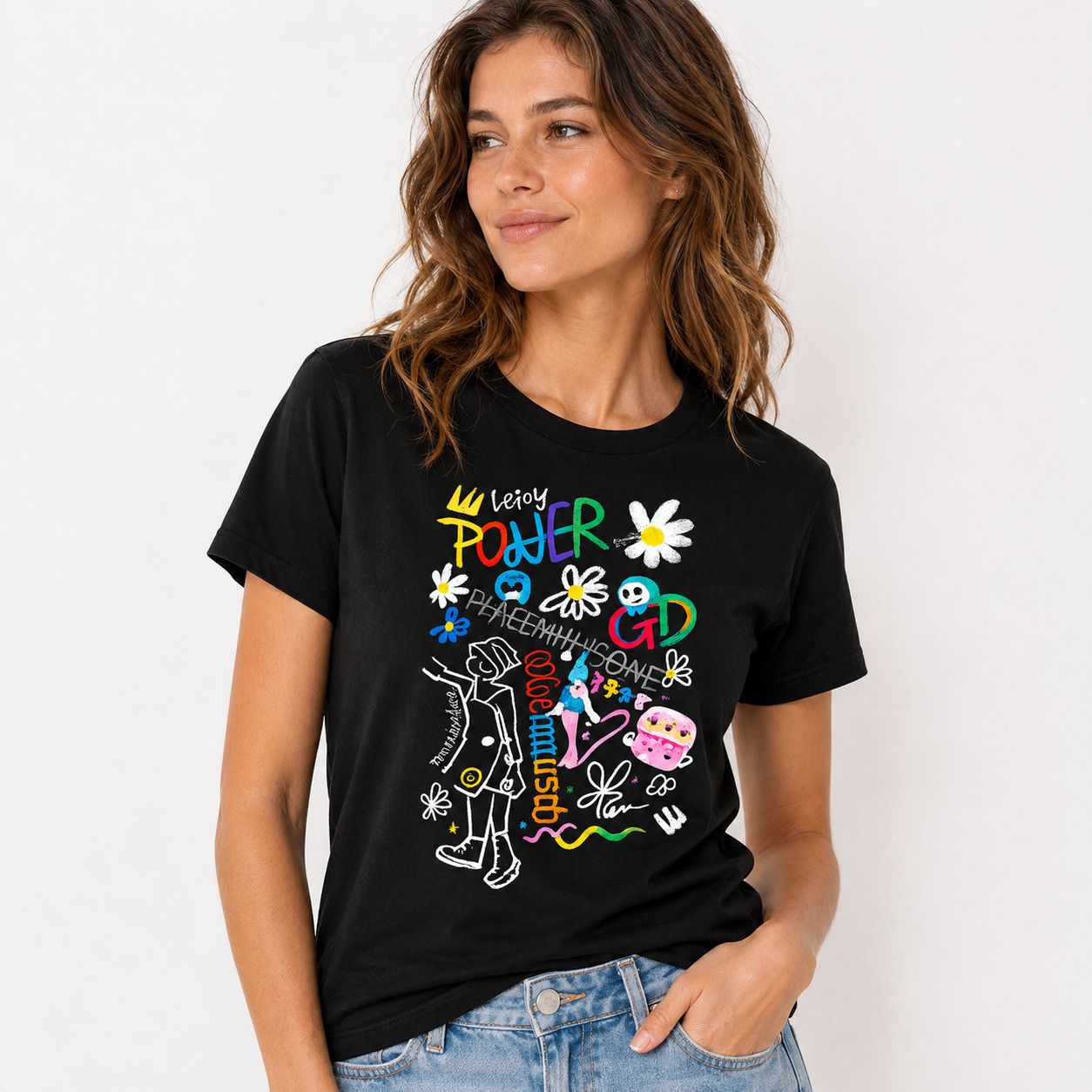 Creative Chaos Graphic T-Shirt for Women | Artistic Doodle Print Black Tee