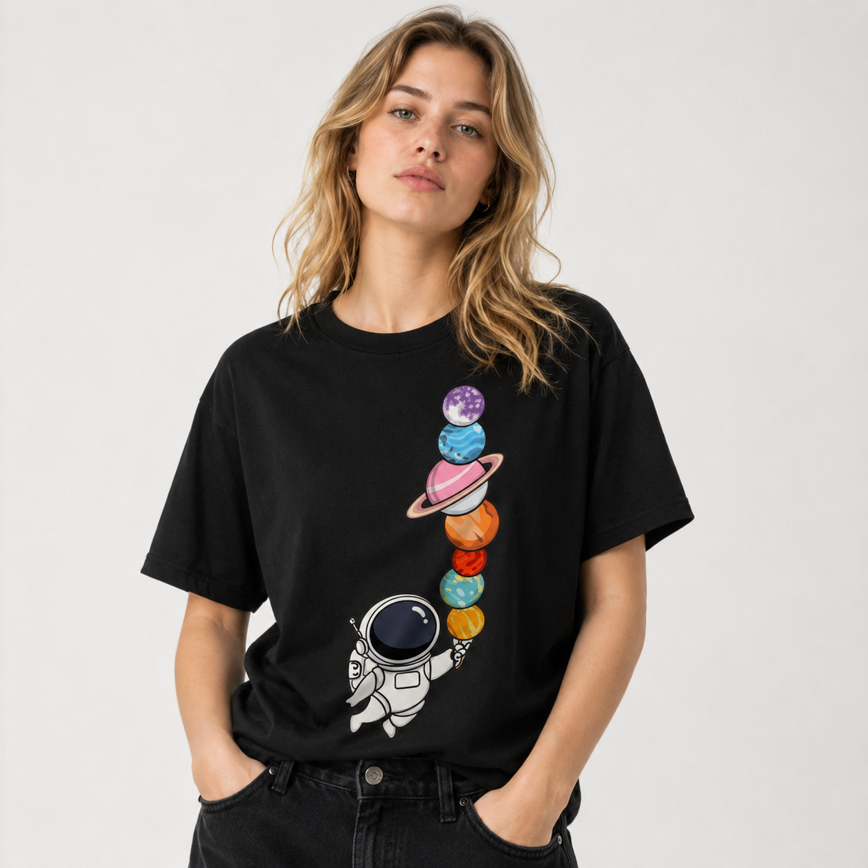 Cosmic Explorer Oversized T-Shirt – Black Astronaut Planet Graphic Tee