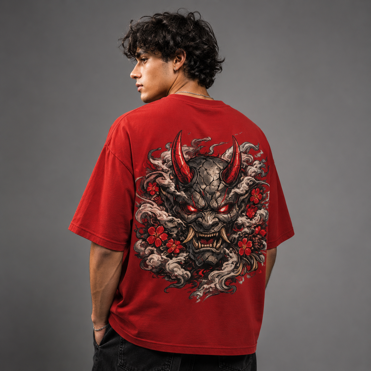Oni Mask Oversized Graphic T-Shirt – Red