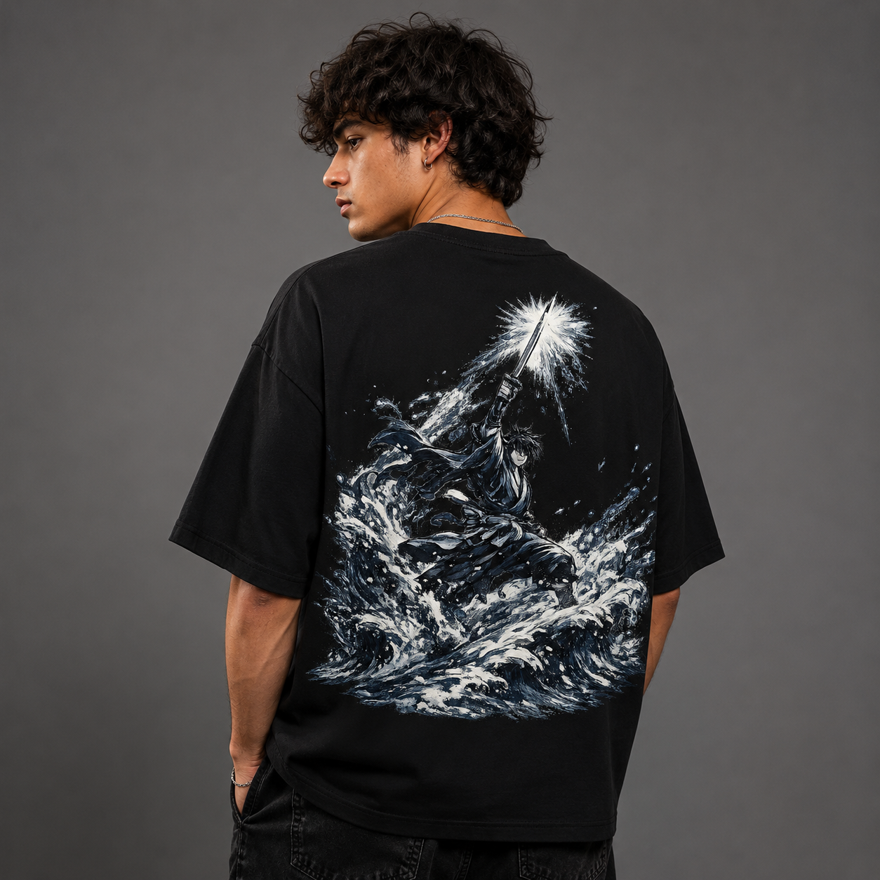 Shadow Wave Samurai Oversized Graphic T-Shirt – Black