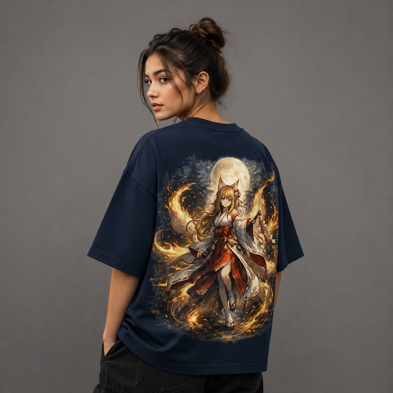 Moon Spirit Kitsune Oversized Graphic T-Shirt – Navy Blue