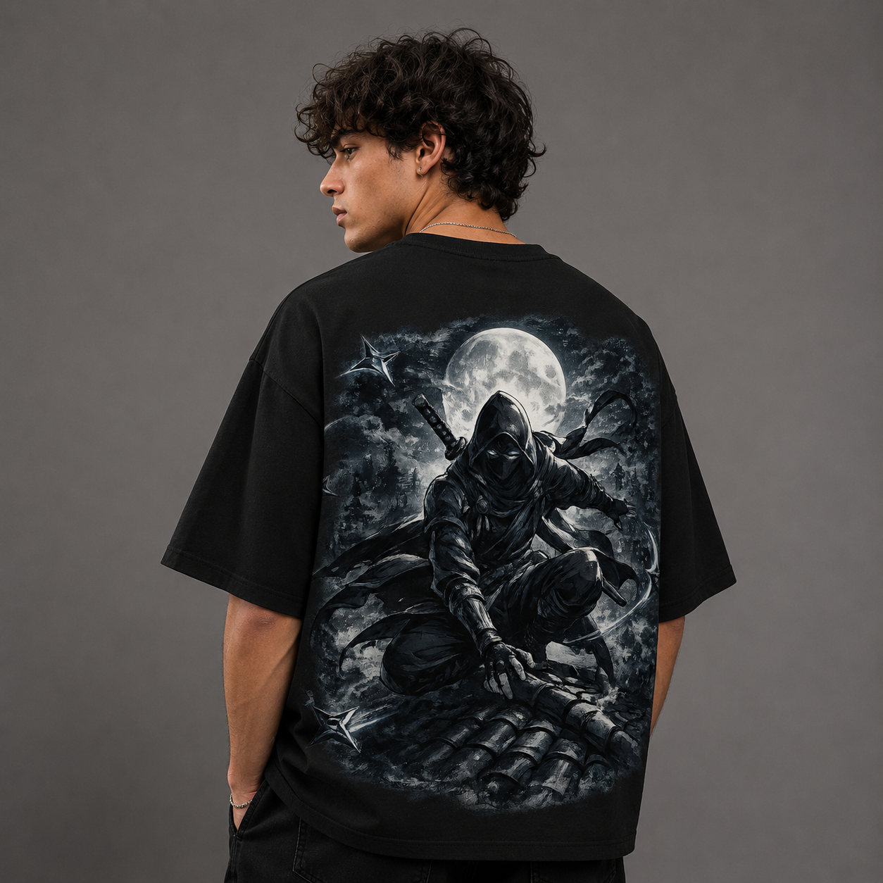 Moon Shadow Ninja Oversized Graphic T-Shirt – Black