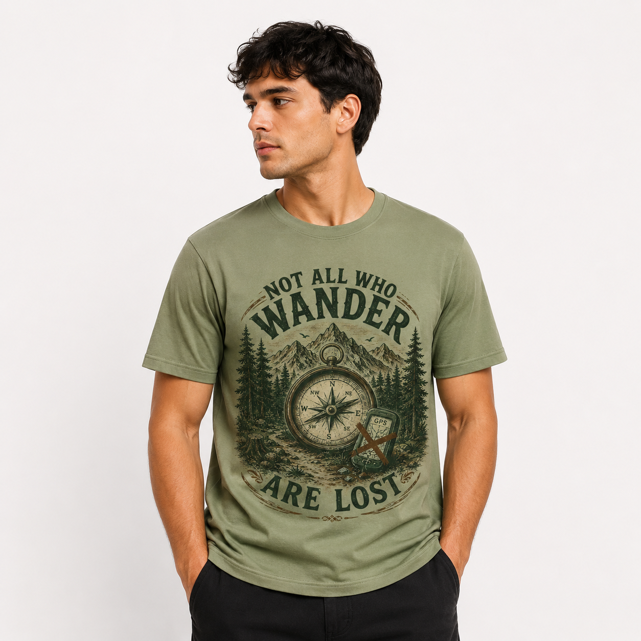 Not All Who Wander Are Lost Graphic T-Shirt – Olive Green