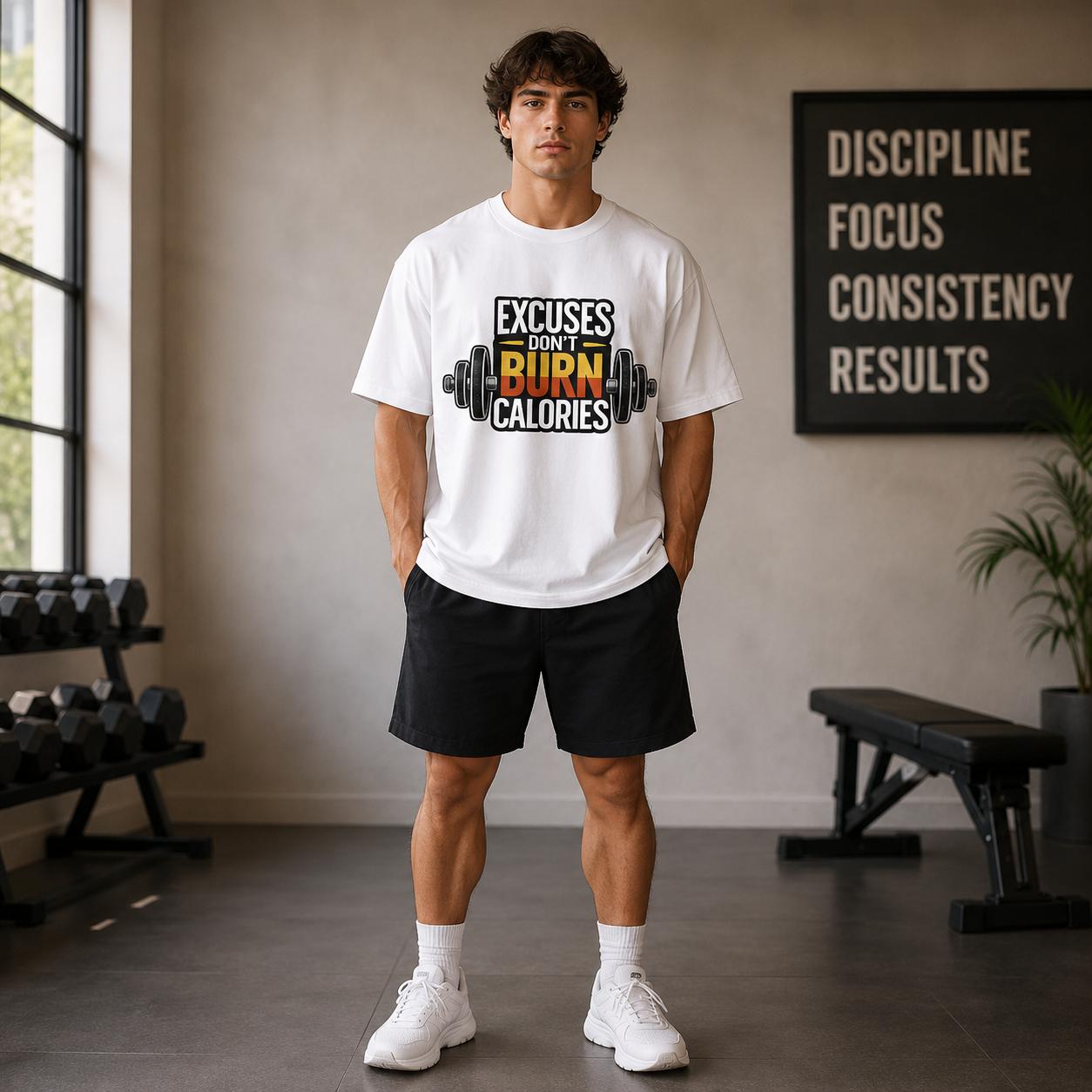 Excuses Don’t Burn Calories Oversized Gym T-Shirt | Motivational Fitness Graphic Tee for Men