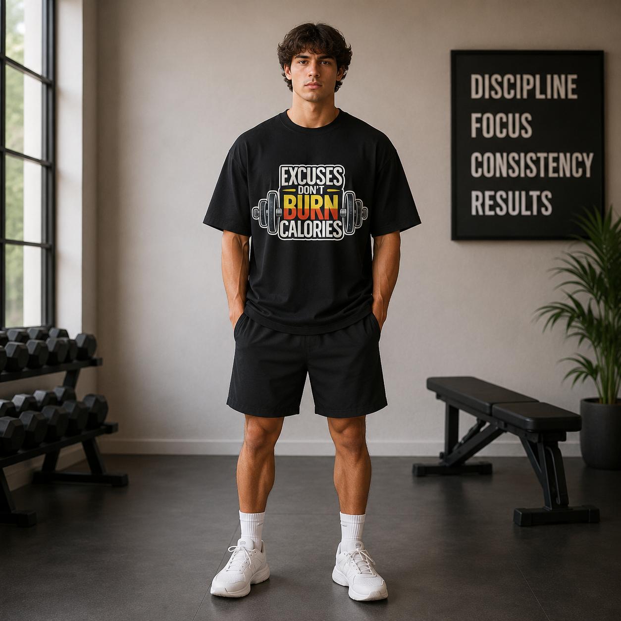 Excuses Don’t Burn Calories Oversized Gym T-Shirt | Motivational Fitness Graphic Tee for Men