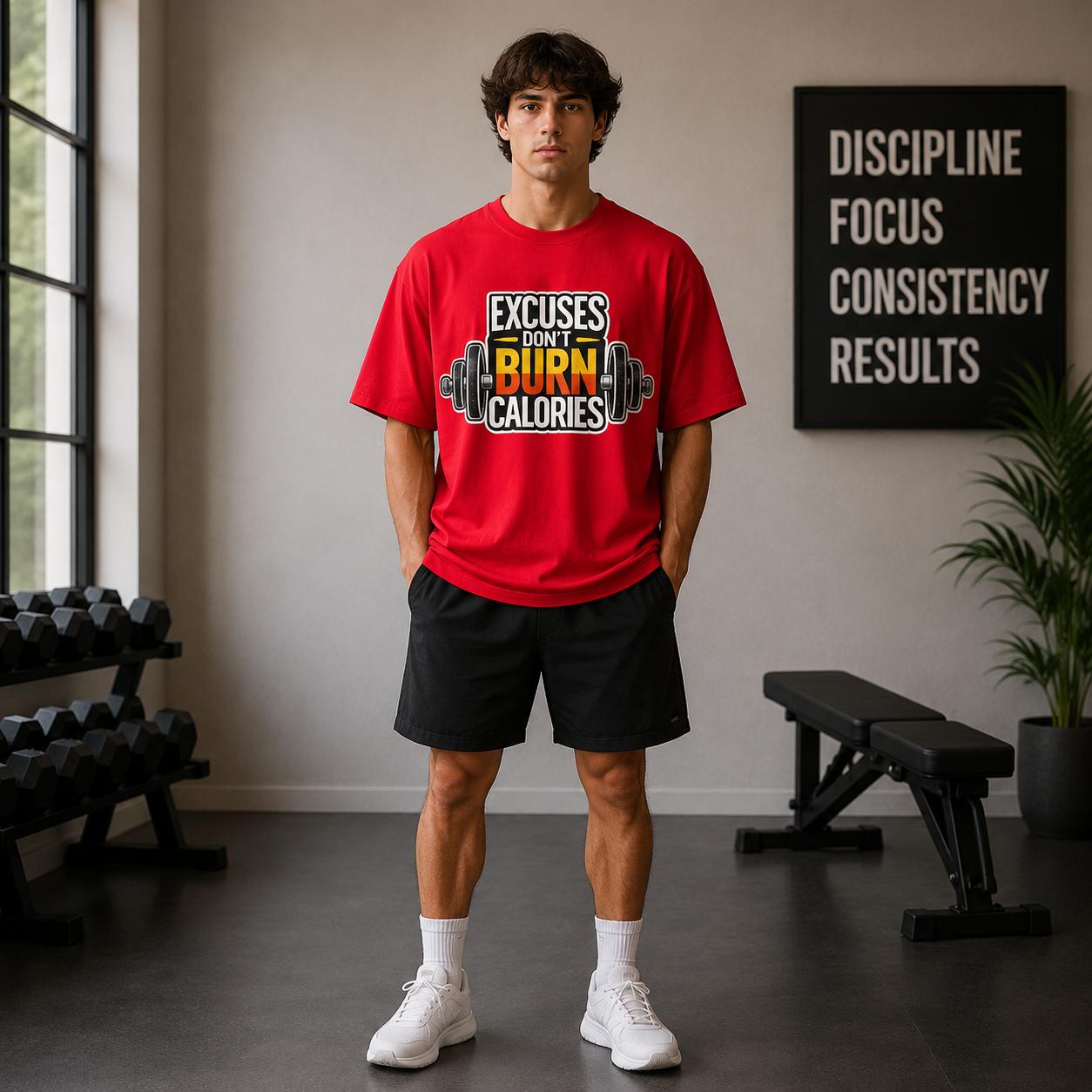 Excuses Don’t Burn Calories Oversized Gym T-Shirt | Motivational Fitness Graphic Tee for Men