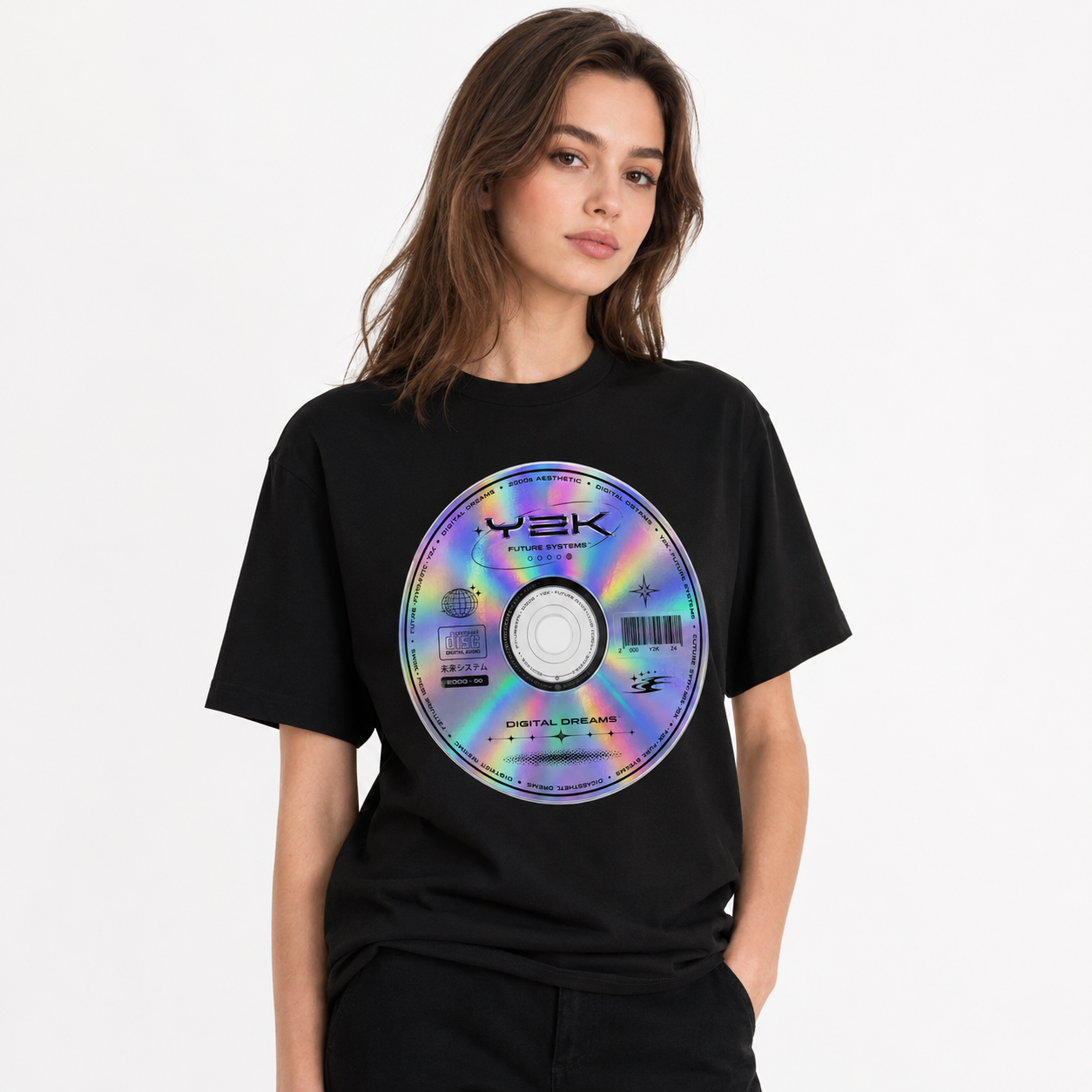 Y2K Digital Disc Graphic Black T-Shirt