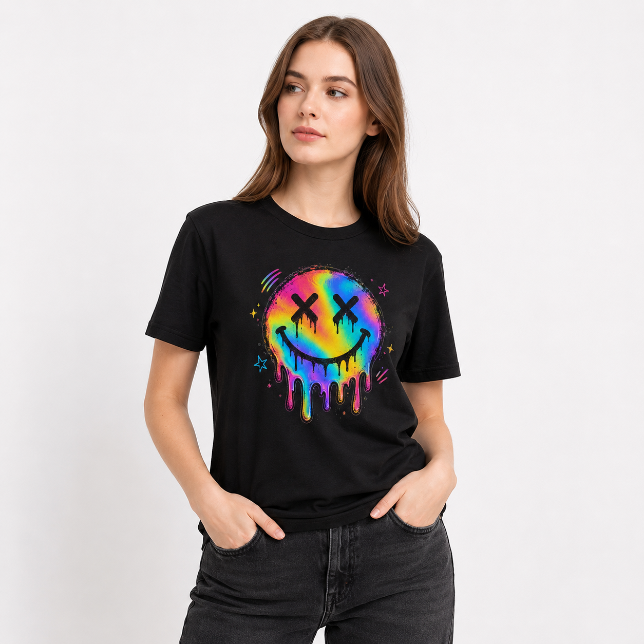 Rainbow Drip Smiley Graphic Black T-Shirt