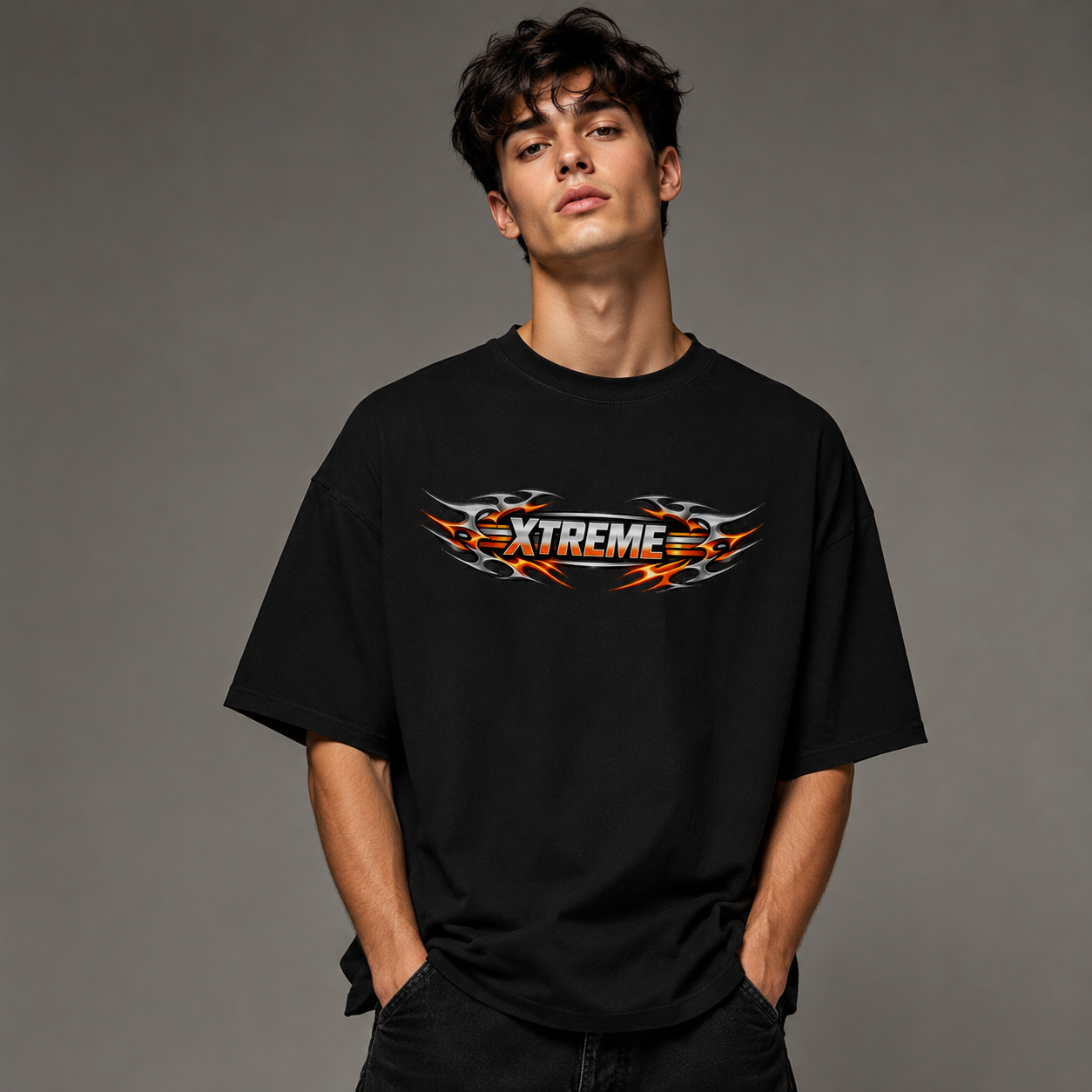 Extreme Flame Graphic Oversized Black T-Shirt