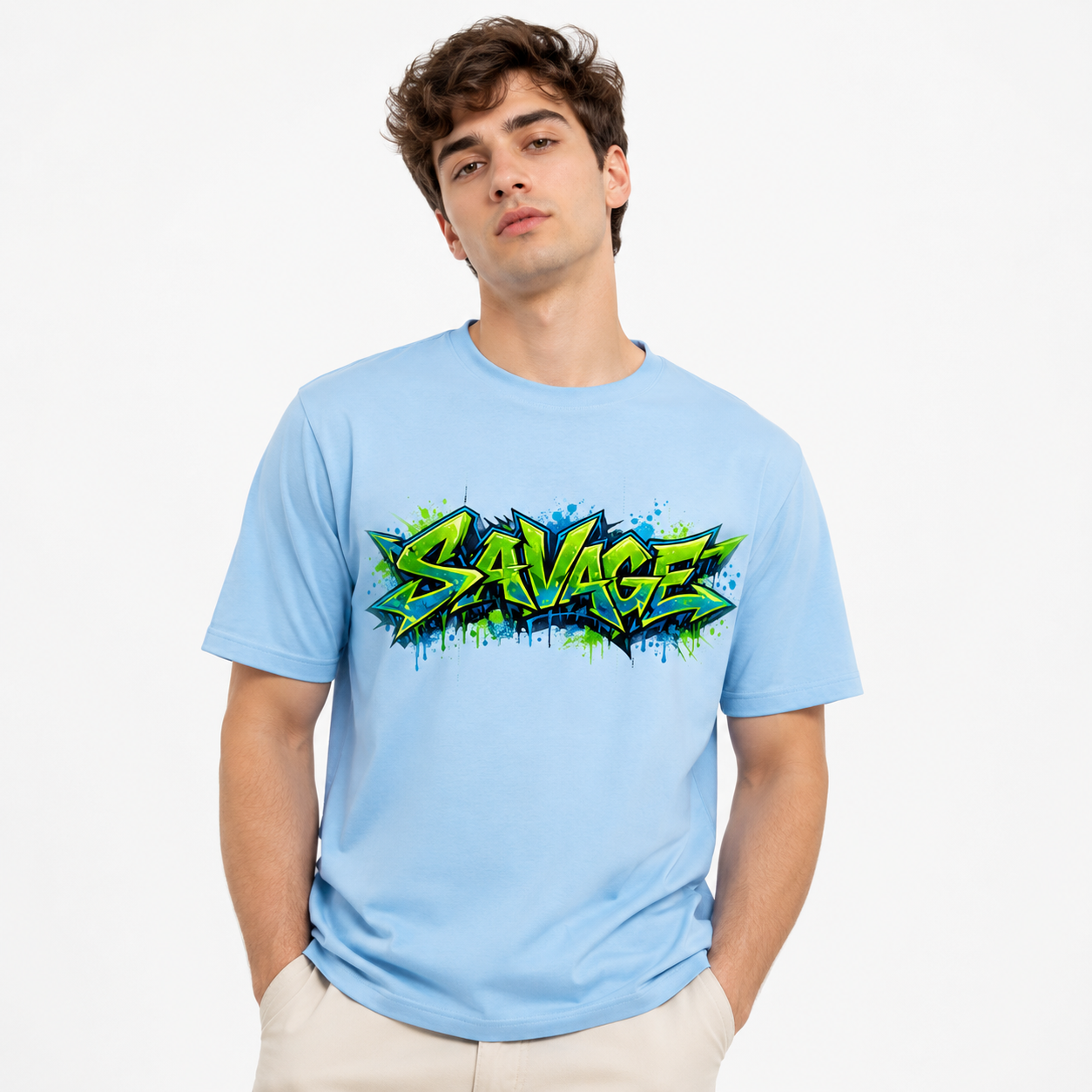 Savage Graffiti Graphic Sky Blue and black T-Shirt